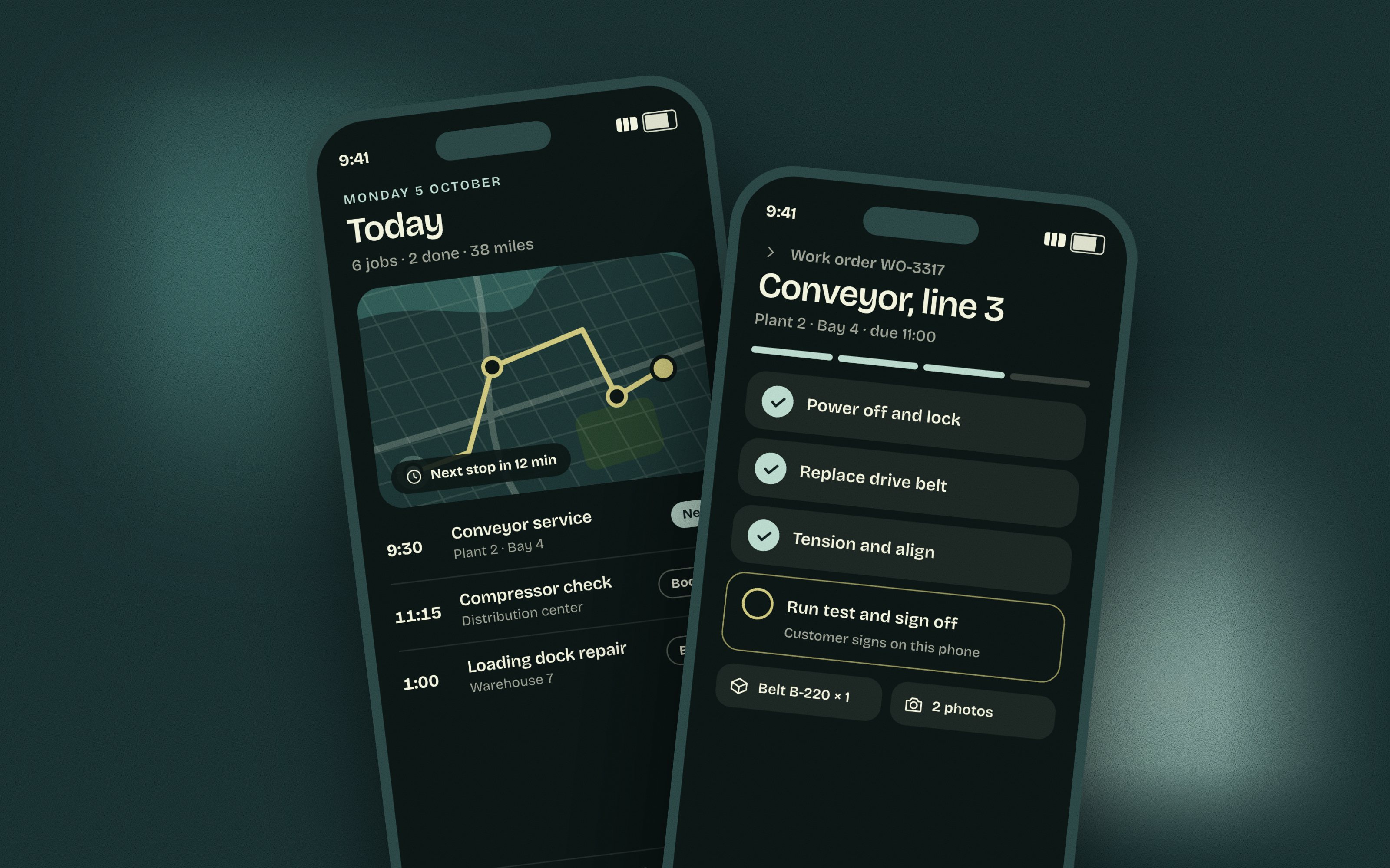 Two phones, close up, showing an illustrative field service app: the day’s route and jobs, and a work order with its steps ticked off.