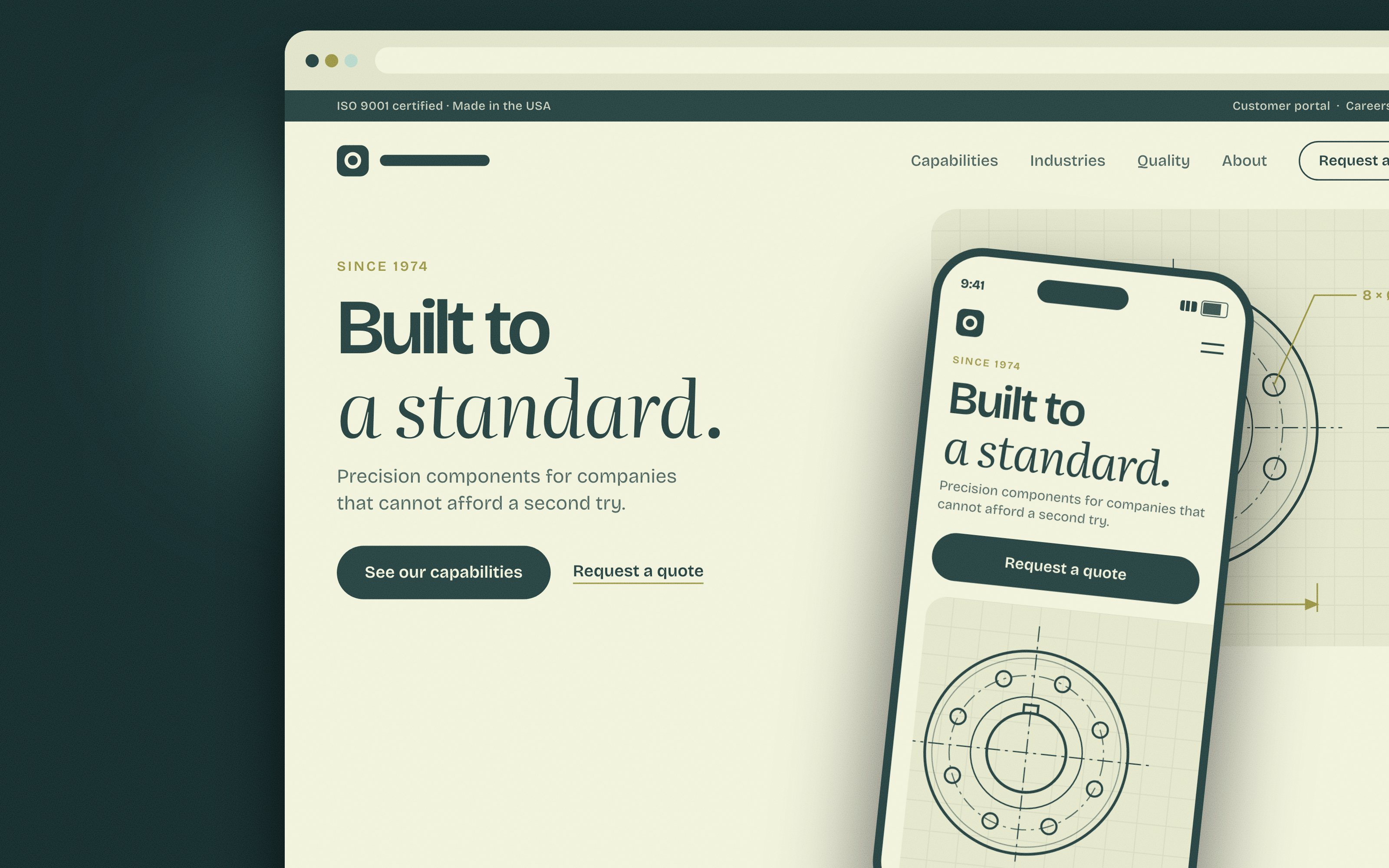 An illustrative manufacturer’s website, close up, with an engineering drawing of a part, and the same page on a phone.